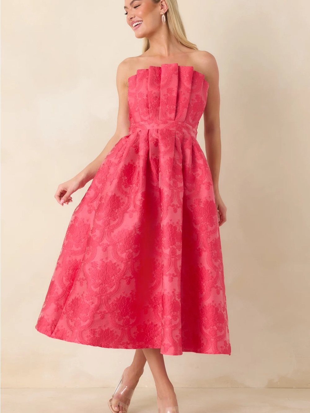 THE GENEVIEVE HOT PINK JACQUARD STRAPLESS MIDI DRESS from Red Dress